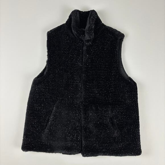 Betsey Johnson Silver Sparkle Black Faux Fur Glam Vest w/ Pockets Size MED - Picture 1 of 10